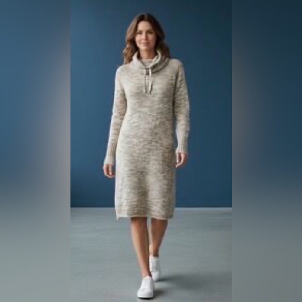Athleta Cream Marled Knit merino wool Cowl Neck Sweater dress size M